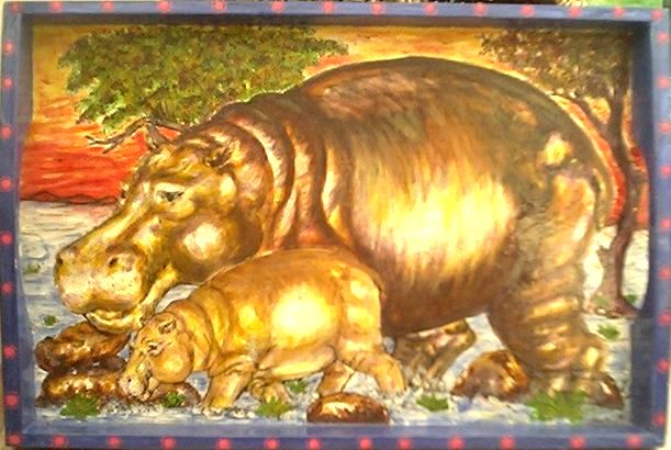 Wooden tea tray with original painting of two hippopotamus by 
       Moenaa Nendoro, Zimbabwe, Africa